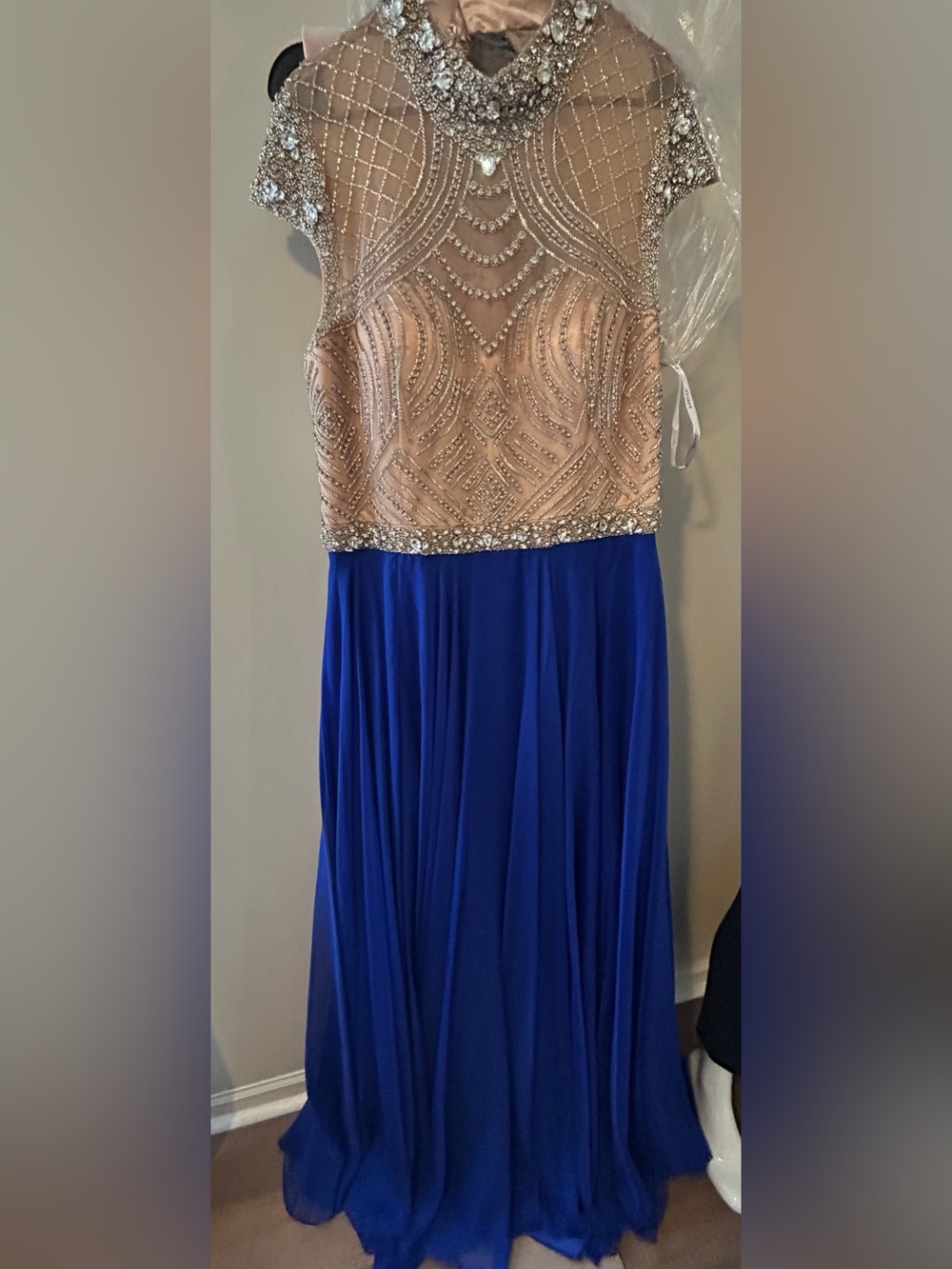 Jovani Nude Beaded Bodice with Cobalt Blue Chiffon Skirt Dress